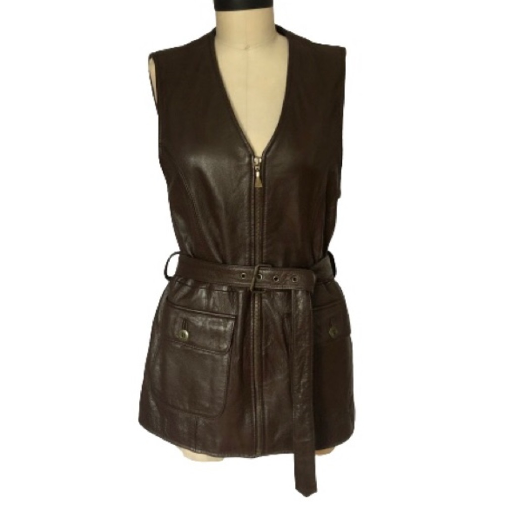 Brown Leather Vest Belted Riding Longline Safari Sleeveless Otello Pelle Small